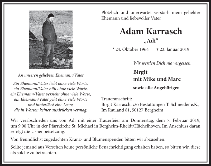  Traueranzeige für Adam Karrasch vom 02.02.2019 aus  Sonntags-Post 