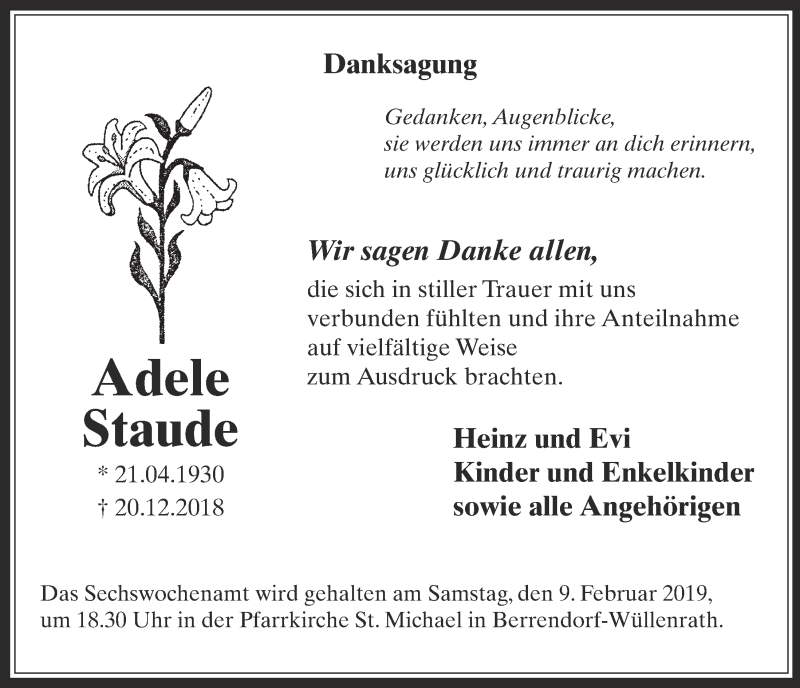  Traueranzeige für Adele Staude vom 06.02.2019 aus  Werbepost 