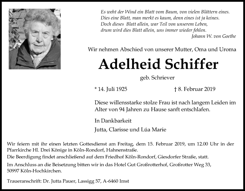  Traueranzeige für Adelheid Schiffer vom 13.02.2019 aus Kölner Stadt-Anzeiger / Kölnische Rundschau / Express
