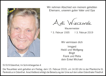 Anzeige von Adi Wieczorek von  Bergisches Sonntagsblatt 