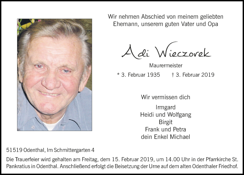  Traueranzeige für Adi Wieczorek vom 09.02.2019 aus  Bergisches Sonntagsblatt 