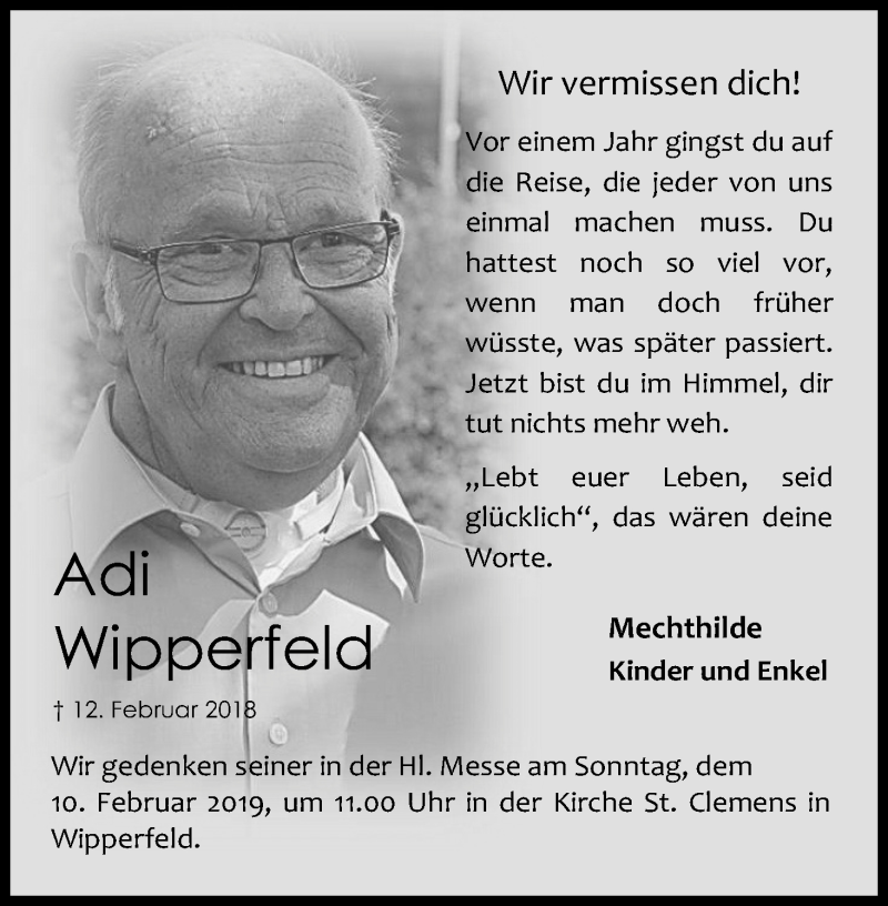  Traueranzeige für Adi Wipperfeld vom 06.02.2019 aus Kölner Stadt-Anzeiger / Kölnische Rundschau / Express