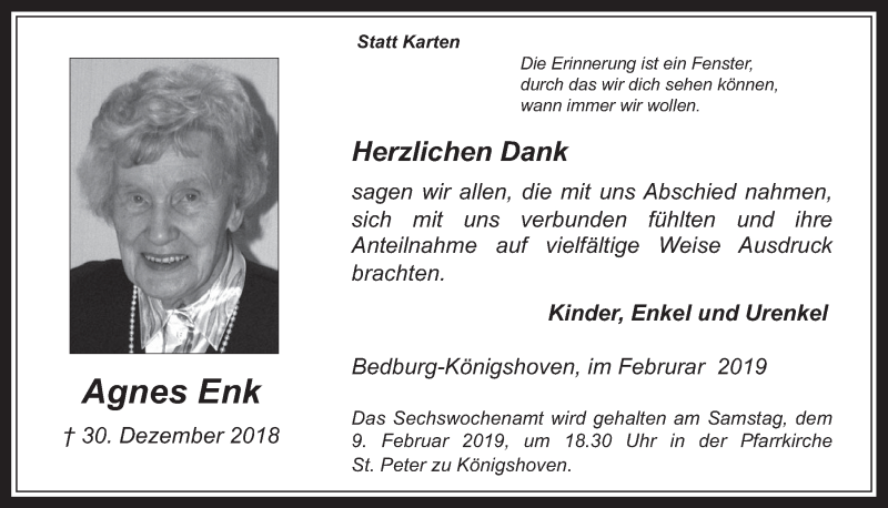  Traueranzeige für Agnes Enk vom 06.02.2019 aus  Werbepost 