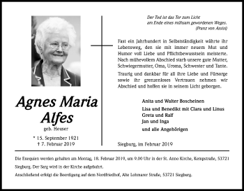 Anzeige von Agnes Maria Alfes von Kölner Stadt-Anzeiger / Kölnische Rundschau / Express
