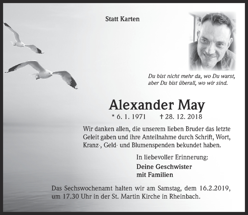  Traueranzeige für Alexander May vom 02.02.2019 aus  Blickpunkt Euskirchen 