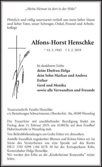 Anzeige von Alfons-Horst Henschke von  Schlossbote/Werbekurier 