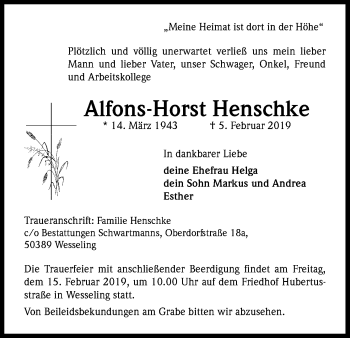Anzeige von Alfons-Horst Henschke von Kölner Stadt-Anzeiger / Kölnische Rundschau / Express