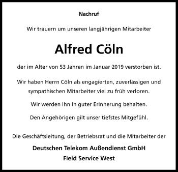 Anzeige von Alfred Cöln von Kölner Stadt-Anzeiger / Kölnische Rundschau / Express