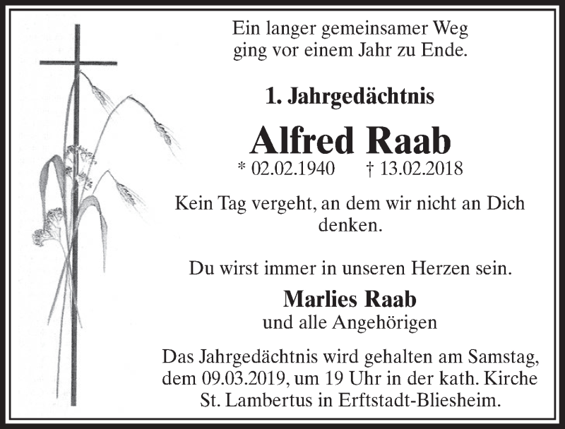  Traueranzeige für Alfred Raab vom 16.02.2019 aus  Sonntags-Post 