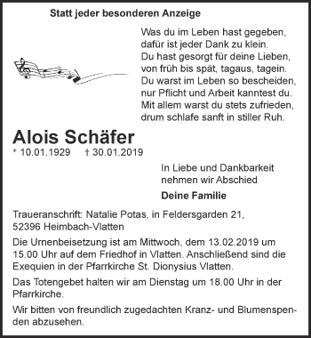 Anzeige von Alois Schäfer von  Blickpunkt Euskirchen 