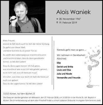 Anzeige von Alois Waniek von Kölner Stadt-Anzeiger / Kölnische Rundschau / Express