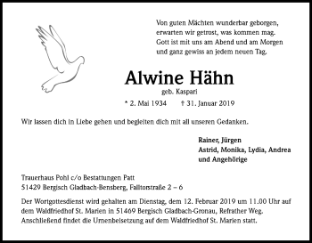 Anzeige von Alwine Hähn von Kölner Stadt-Anzeiger / Kölnische Rundschau / Express