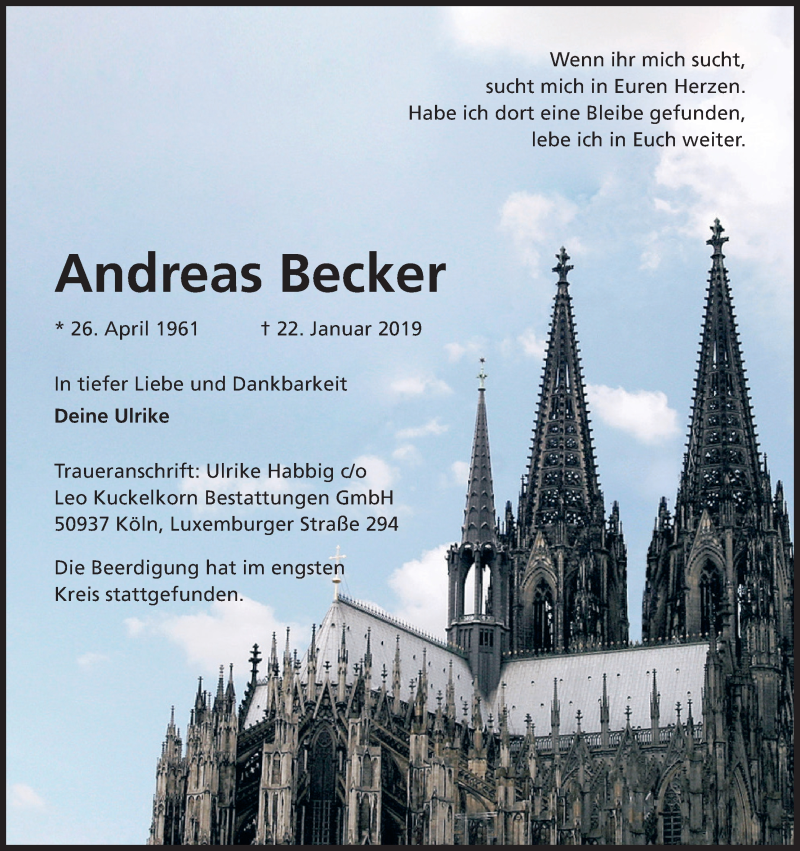  Traueranzeige für Andreas Becker vom 16.02.2019 aus Kölner Stadt-Anzeiger / Kölnische Rundschau / Express