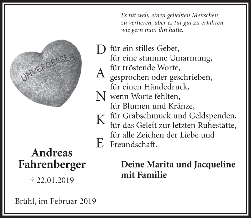  Traueranzeige für Andreas Fahrenberger vom 27.02.2019 aus  Schlossbote/Werbekurier 