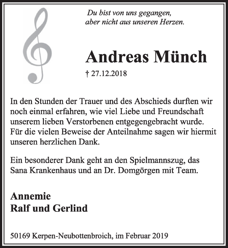  Traueranzeige für Andreas Münch vom 02.02.2019 aus  Sonntags-Post 