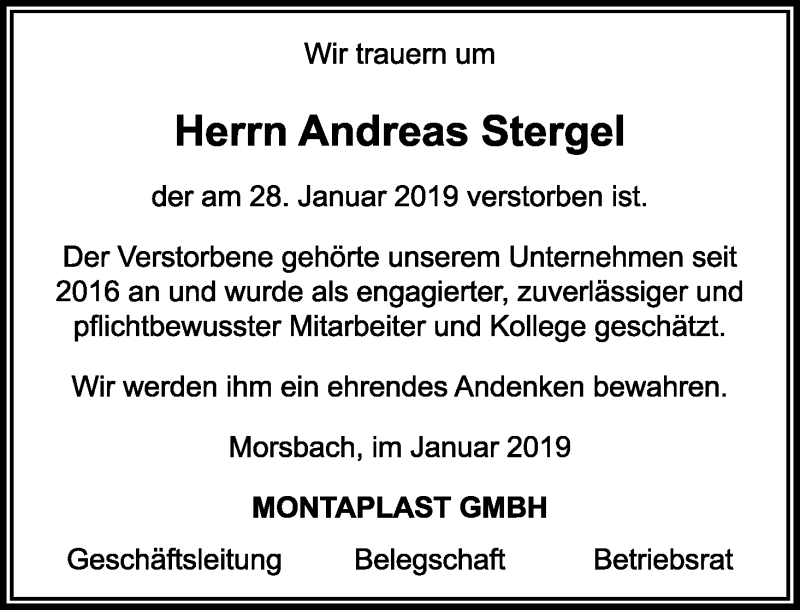  Traueranzeige für Andreas Stergel vom 14.02.2019 aus Kölner Stadt-Anzeiger / Kölnische Rundschau / Express