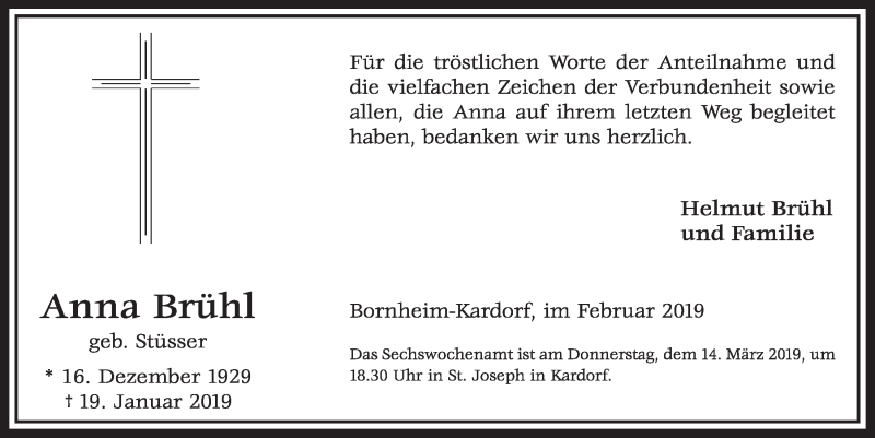 Traueranzeige für Anna Brühl vom 20.02.2019 aus  Schlossbote/Werbekurier 