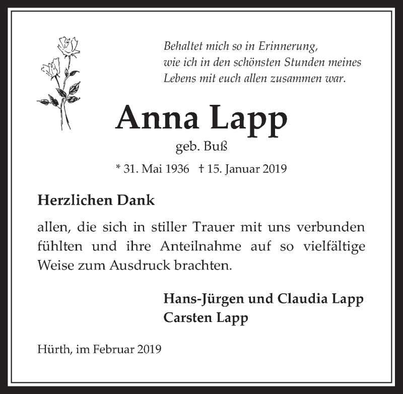  Traueranzeige für Anna Lapp vom 20.02.2019 aus  Wochenende 