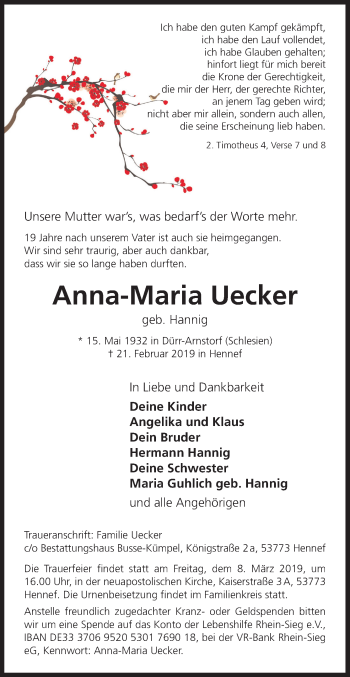 Anzeige von Anna-Maria Uecker von Kölner Stadt-Anzeiger / Kölnische Rundschau / Express