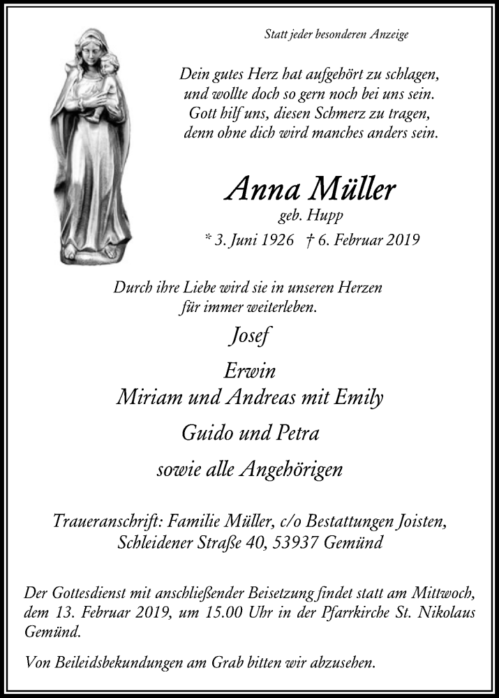  Traueranzeige für Anna Müller vom 09.02.2019 aus Kölner Stadt-Anzeiger / Kölnische Rundschau / Express