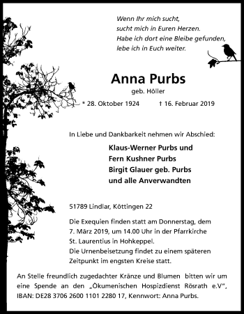 Anzeige von Anna Purbs von Kölner Stadt-Anzeiger / Kölnische Rundschau / Express