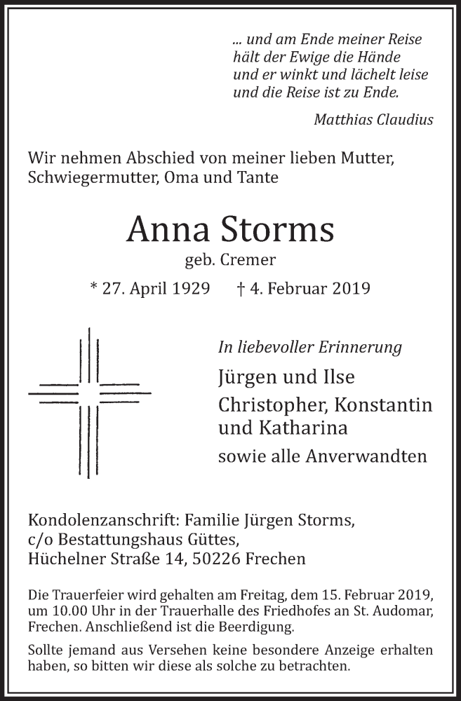  Traueranzeige für Anna Storms vom 09.02.2019 aus  Sonntags-Post 