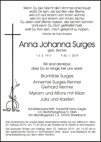 Anzeige von Anna Johanna Surges von  Schaufenster/Blickpunkt 