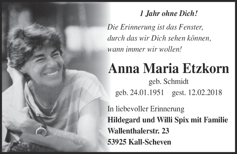  Traueranzeige für Anna Maria Etzkorn vom 13.02.2019 aus  Kölner Wochenspiegel  Schlossbote/Werbekurier 
