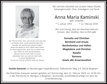 Anzeige von Anna Maria Kaminski von  Sonntags-Post 