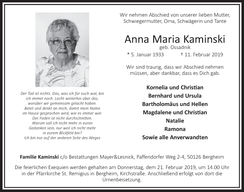  Traueranzeige für Anna Maria Kaminski vom 16.02.2019 aus  Sonntags-Post 
