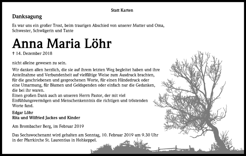  Traueranzeige für Anna Maria Löhr vom 02.02.2019 aus Kölner Stadt-Anzeiger / Kölnische Rundschau / Express