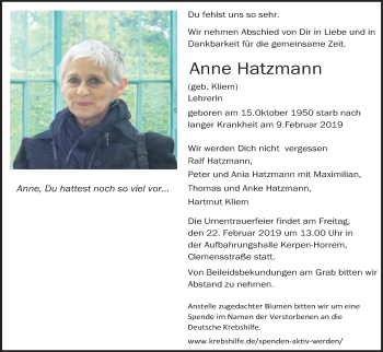 Anzeige von Anne Hatzmann von Kölner Stadt-Anzeiger / Kölnische Rundschau / Express