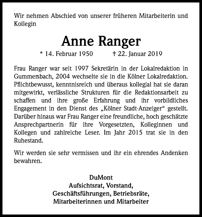  Traueranzeige für Anne Ranger vom 02.02.2019 aus Kölner Stadt-Anzeiger / Kölnische Rundschau / Express