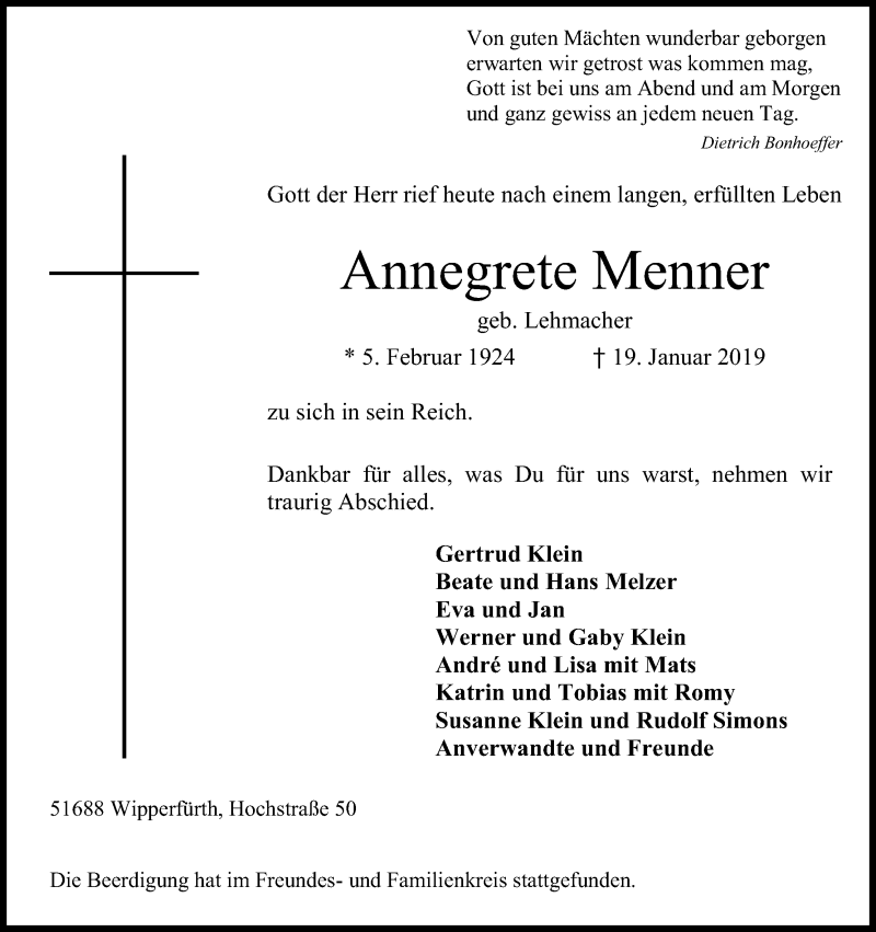  Traueranzeige für Annegrete Menner vom 02.02.2019 aus Kölner Stadt-Anzeiger / Kölnische Rundschau / Express