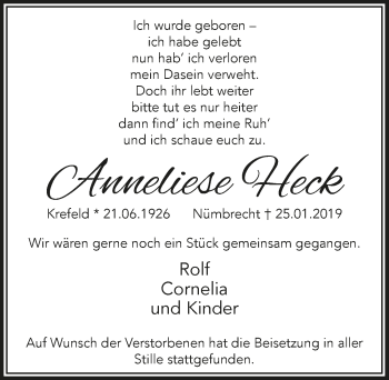 Anzeige von Anneliese Heck von  Lokalanzeiger 