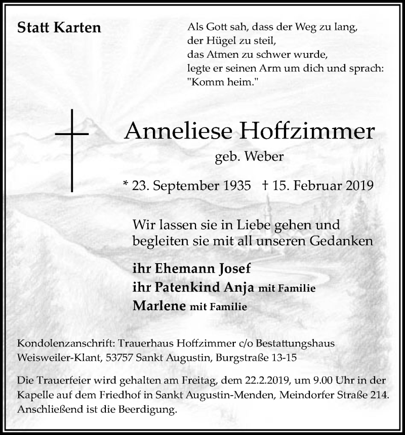  Traueranzeige für Anneliese Hoffzimmer vom 20.02.2019 aus Kölner Stadt-Anzeiger / Kölnische Rundschau / Express