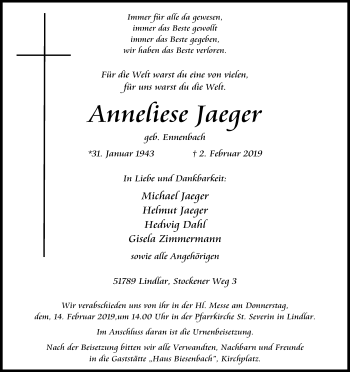 Anzeige von Anneliese Jaeger von Kölner Stadt-Anzeiger / Kölnische Rundschau / Express