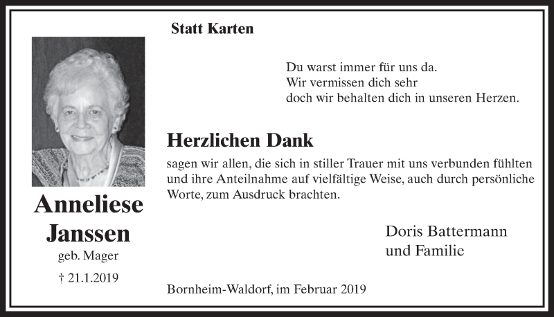  Traueranzeige für Anneliese Janssen vom 20.02.2019 aus  Schlossbote/Werbekurier 