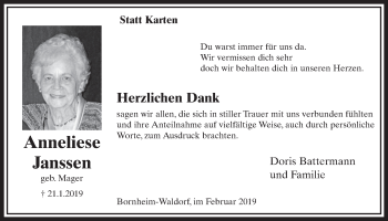 Anzeige von Anneliese Janssen von  Schlossbote/Werbekurier 