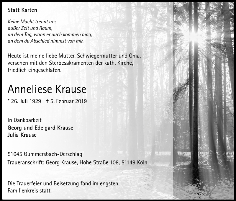  Traueranzeige für Anneliese Krause vom 16.02.2019 aus Kölner Stadt-Anzeiger / Kölnische Rundschau / Express