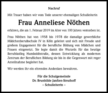 Anzeige von Anneliese Nöthen von Kölner Stadt-Anzeiger / Kölnische Rundschau / Express