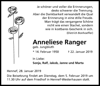 Anzeige von Anneliese Ranger von Kölner Stadt-Anzeiger / Kölnische Rundschau / Express