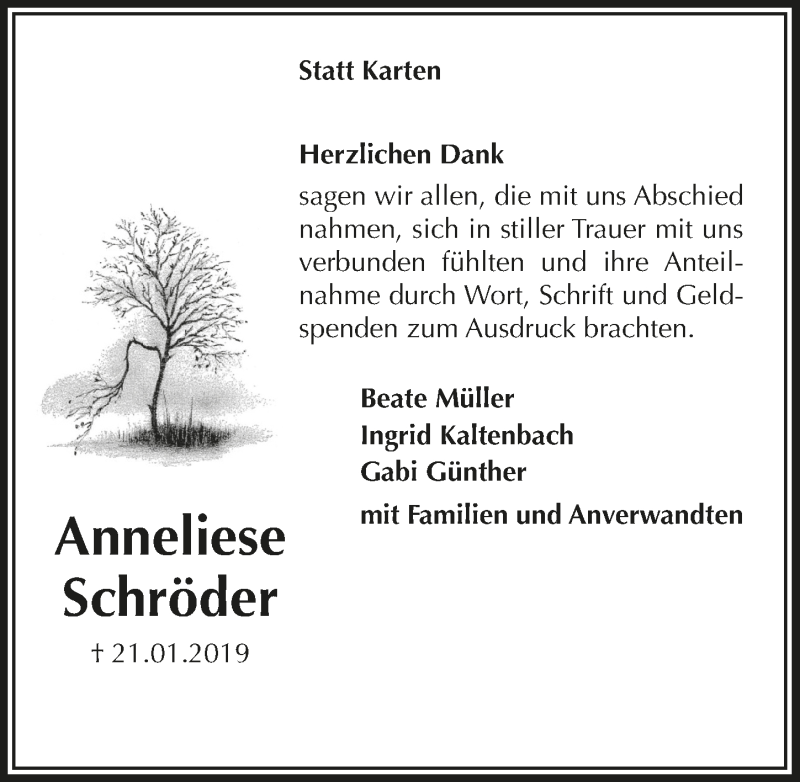  Traueranzeige für Anneliese Schröder vom 13.02.2019 aus  Anzeigen Echo 