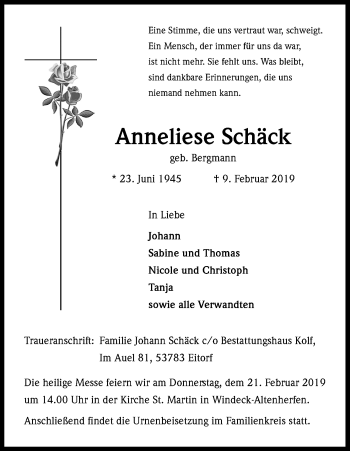 Anzeige von Anneliese Schäck von Kölner Stadt-Anzeiger / Kölnische Rundschau / Express