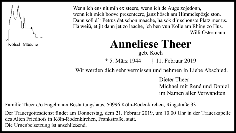  Traueranzeige für Anneliese Theer vom 16.02.2019 aus Kölner Stadt-Anzeiger / Kölnische Rundschau / Express