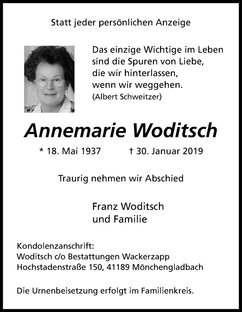  Traueranzeige für Annemarie Woditsch vom 02.02.2019 aus Kölner Stadt-Anzeiger / Kölnische Rundschau / Express