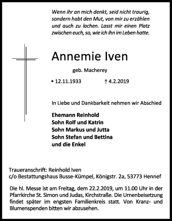 Anzeige von Annemie Iven von Kölner Stadt-Anzeiger / Kölnische Rundschau / Express