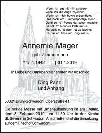 Anzeige von Annemie Mager von  Schlossbote/Werbekurier 