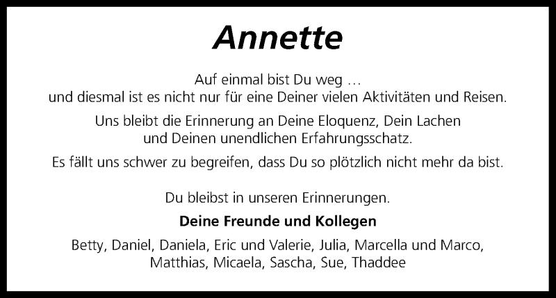  Traueranzeige für Annette  vom 02.02.2019 aus Kölner Stadt-Anzeiger / Kölnische Rundschau / Express