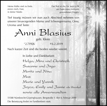 Anzeige von Anni Blasius von Kölner Stadt-Anzeiger / Kölnische Rundschau / Express
